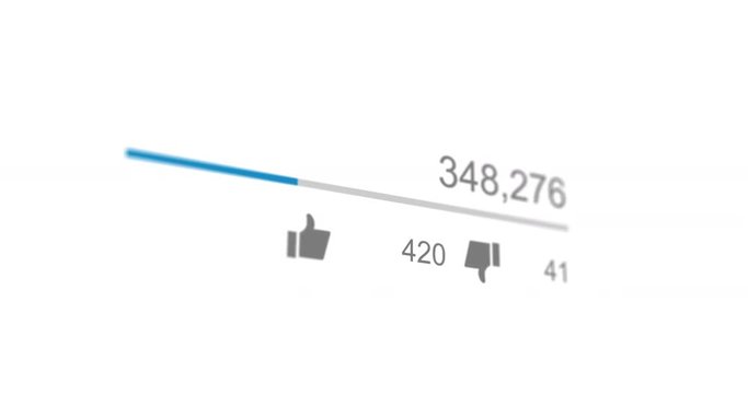 Animation of video views counter, counter of likes and dislikes close up. 4K video. Animation with alpha matte.