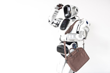 Cool cyborg is peering into distance intently