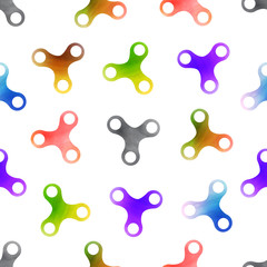 Vector watercolor seamless pattern of colorful fidget spinners for decoration, gift wrapping paper and covering on the white background. Concept of stress relieving toys.