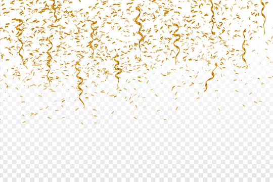 Vector realistic golden confetti on the transparent background. Concept of happy birthday, party and holidays.