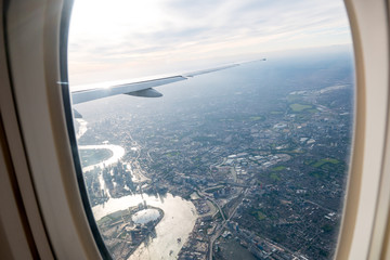 Aerial view of Central London through airplane window