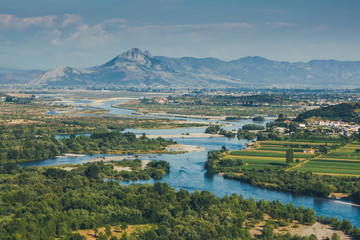 Naklejka premium Albania, Skoder city. View from the castle on the hill. Landscape with beautiful nature, river and mountains.