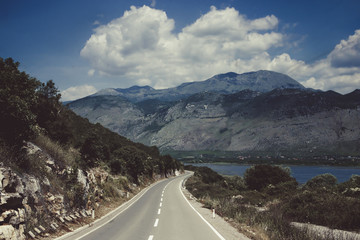 Road from Montenegro to Albania. Skoder lake landscape.