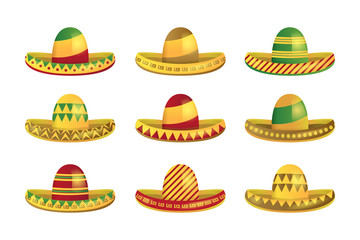 Vector set of solated cartoon mexican sombrero hats for decoration. Concept of Happy Cinco De Mayo.