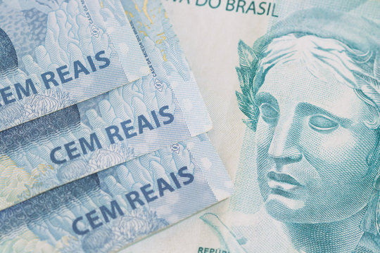 Brazilian money close up with macro. Bills called Real. Economy of Brazil concept image.