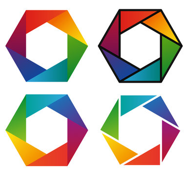 Four colorful hexagon rainbow pictograms - first icon with gradient, second with spectrum gradient and black outline, third with less hue and fourth with white outline