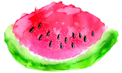 Hand drawn watercolor watermelon slice.