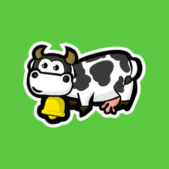 Black and white cow with golden bell sticker on green background