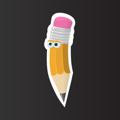 Pencil sticker on a black background. A cute pencil with eyes. Illustration Vector