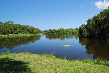 Quiet lake under a cloudless blue sky