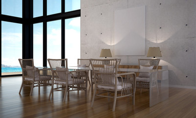The modern loft dining room design interior and sea view 