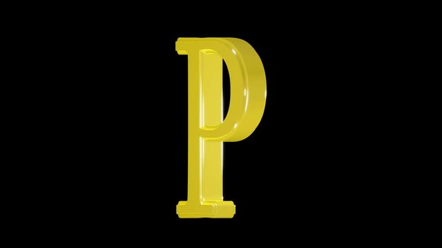 Gold letter P isolated on alpha channel, seamless loop