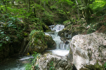 Fototapeta na wymiar Small nature waterfall in woods