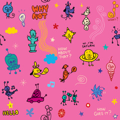 collage and doodles little cartoon characters seamless pattern