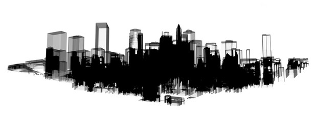 Panorama black city skyscraper tower building 3d illustration with white background.