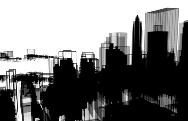 Naklejka premium Black city skyscraper tower building 3d illustration with white background.