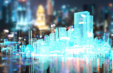 Power grid , smart city energy , electric Energy Distribution chain industry technology concept.  3D rendering of building and blur city bokeh background.