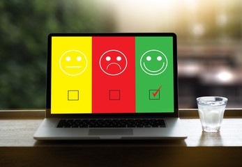 business man and woman select happy on satisfaction evaluation? And good mood smiley