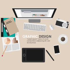 Desk flat design top view workspace graphic design Management Vector illustration