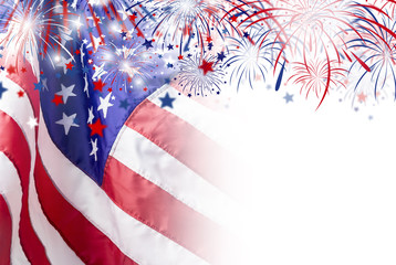 USA flag with firework background for 4 july independence day - obrazy, fototapety, plakaty