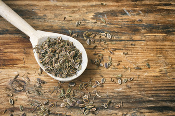 Dry dill seeds in a wooden spoon