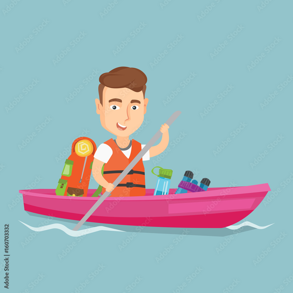 Poster Man riding in kayak vector illustration.