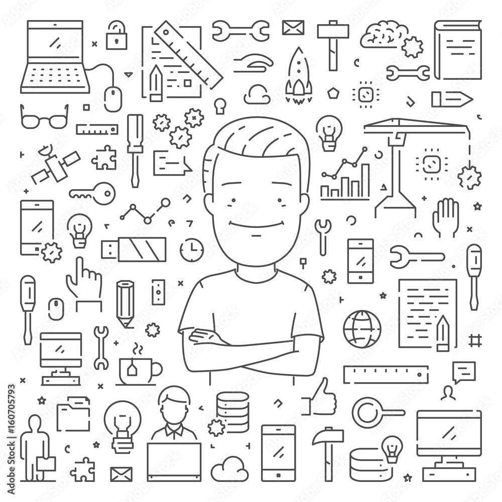 Poster vector line web banner for computer engineering