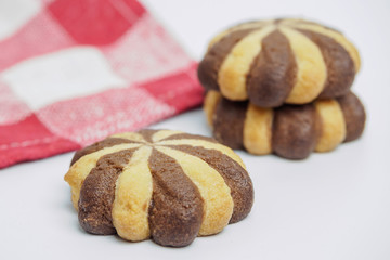 Closeup of chocolate cream filled biscuits