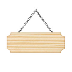 Wooden sign hanging on a chain isolated on white  background