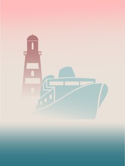 Naklejka premium Large transoceanic cruise ship and lighthouse silhouettes. Travel company business card design