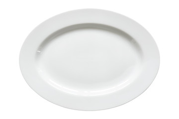 Top view of empty white food plate isolated on a white background.