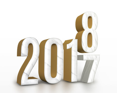 year 2017 marble and gold texture number change to 2018 new year in white studio room, New year greeting card  concept,3D rendering