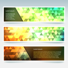 Set of banner templates with abstract background. Modern vector banners with polygonal background. Yellow, green, orange colors.