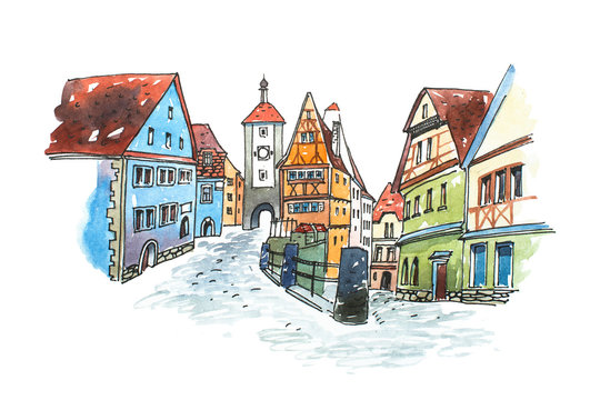 Hand drawn watercolor painting of old town in Germany. Romantic cityscape  Bavarian  Rothenburg ob der Tauber painted on white paper