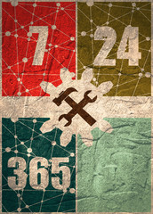 Obraz premium Cogwheel gear with wrench key. 24 hour 7 day customer support service. Connected lines with dots. Molecule And Communication Background. Grunge concrete texture