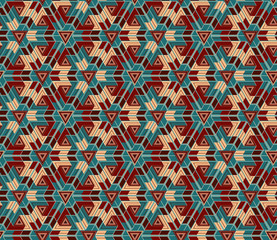 Mosaic seamless pattern consisting of geometric elements arranged on a blue background. Useful as design element for texture and artistic compositions.