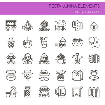 Festa Junina Elements , Thin Line and Pixel Perfect Icons.