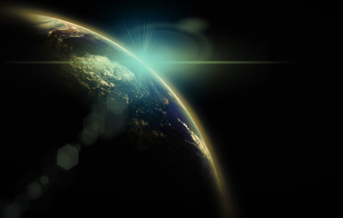 Part of earth with sun rise and lens flare background, Internet Network concept, Elements of this image furnished by NASA