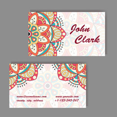 Set of business cards. Vintage pattern in retro style with mandala. Hand drawn Islam, Arabic, Indian, lace pattern.