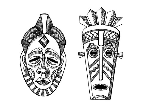 African masks of savages engraving style vector