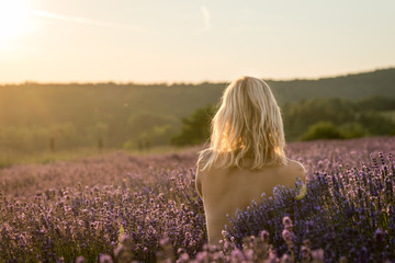Fototapeta na wymiar Beautiful girl in the lavender field under sunset
