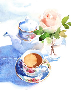 Watercolor Cup Of Coffee and a Rose in a vase hand drawn still life illustration food and drink background 