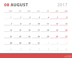 calendar planner for august 2017 starts monday, vector calendar design 2017 year