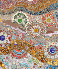  Colorful ceramic pattern background made from pebble and ceramic on the wall at Wat Phasornkaew in Phetchabun, Thailand