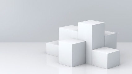 White cube boxes with white blank wall background for display. 3D rendering. 