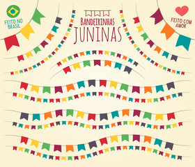 Brazilian June Party style little colorful flags in various disposals - Flat vivid vector for festive themes, made in Brazil with love