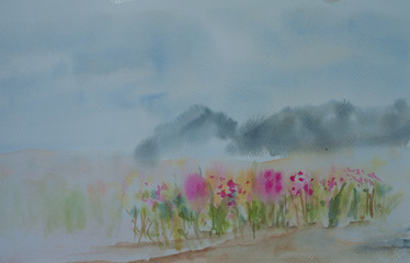 Beautiful landscape of wildflowers field, watercolor painting in impressionism style