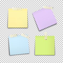 Set of colored note paper sticked on tape isolated on transparent background.