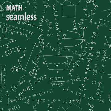 Chalk math symbols on green blackboard. Vector seamless pattern. 