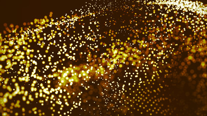 Gold glitter particles explosion and twist.Glowing shiny dots.